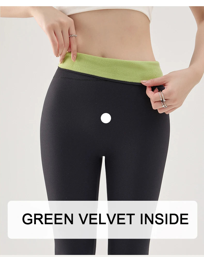 BIVIGAOS Autumn Winter Green Velvet Thickened Sharkskin Leggings Women High Waist Seamless Warm Leggings Casual Sexy Leggings