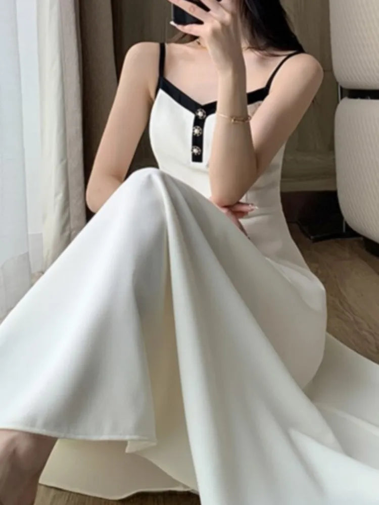 Fashion Korean Women Elegant Casual Dress Set Vintage Crop Jackets Sleeveless A-Line Strap Dress Two Pieces Set Female Clothes - Seprincess