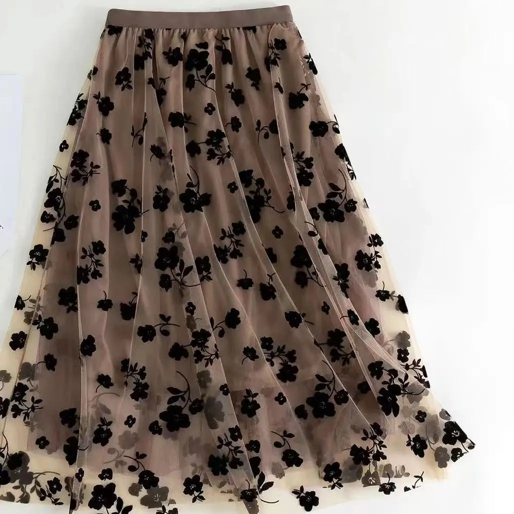 Korean Women Tulle Skirt Fashion Summer Hook Floral Loose Midi Skirt Elegant Female Casual All Match Mesh Skirts New - Seprincess