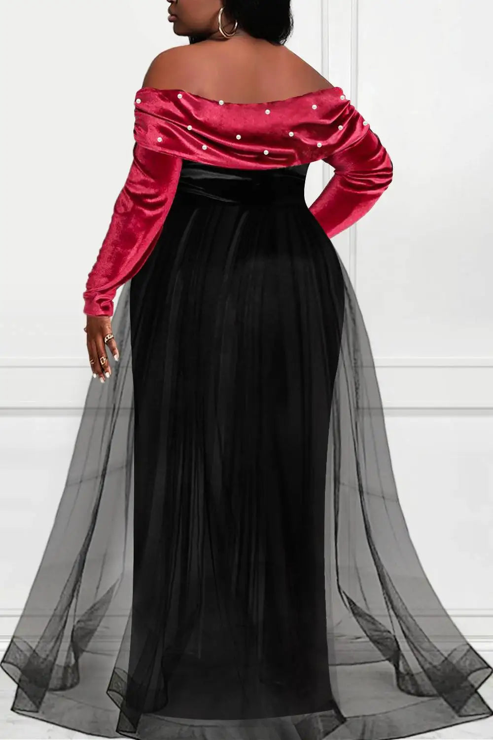 Elegant Plus Size Formal Dress Off The Shoulder Pearl-Embellished Overlay Skirt Velvet Split Maxi Dress Cocktail Party Dresses - Seprincess