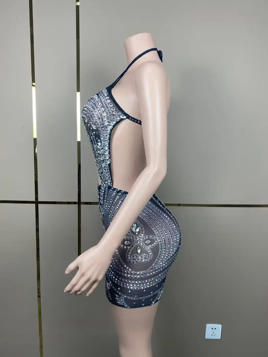 Customized Women Sexy Halter Big Crystal Bodycon Mini Dress Mesh Sexy Backless Nightclub Party Celebrate Dress Wholesale - Seprincess