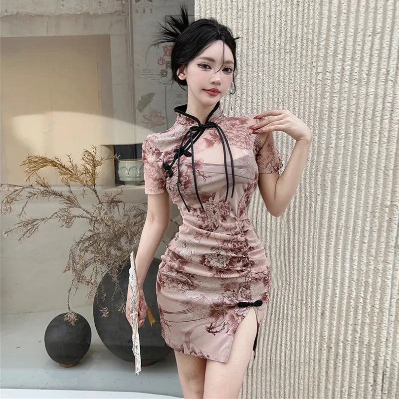 Chinese cheongsam summer high slim elegant flower long maxi dress hot sexy short skirt Korean fashion women Y2K clothing - Seprincess