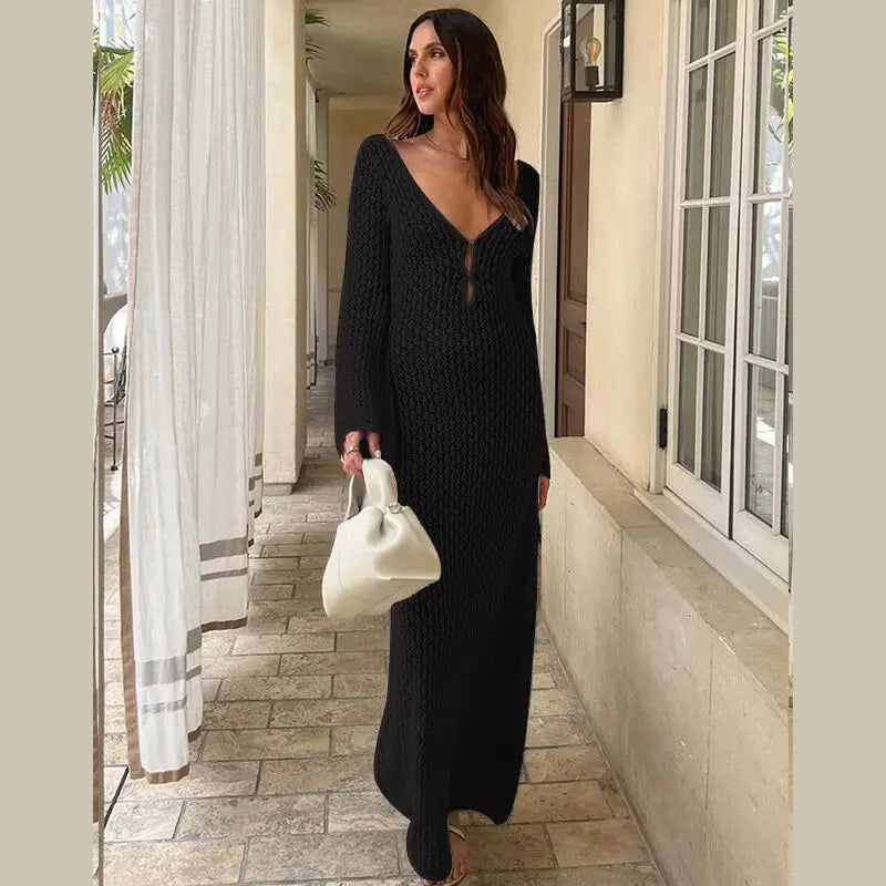 Sexy Women Long Knit Beach Dress Hollow-Out Deep V-Neck Long Sleeve Bikini Cover-Ups Dress Fall Backless Holiday Dress - Seprincess