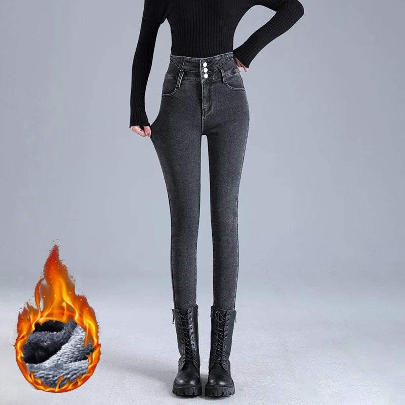 Women Thermal High Waist Jeans Winter Snow Warm Plush Stretch Jeans Lady Skinny Thicken Students Denim Pants Fleece Fur Trousers