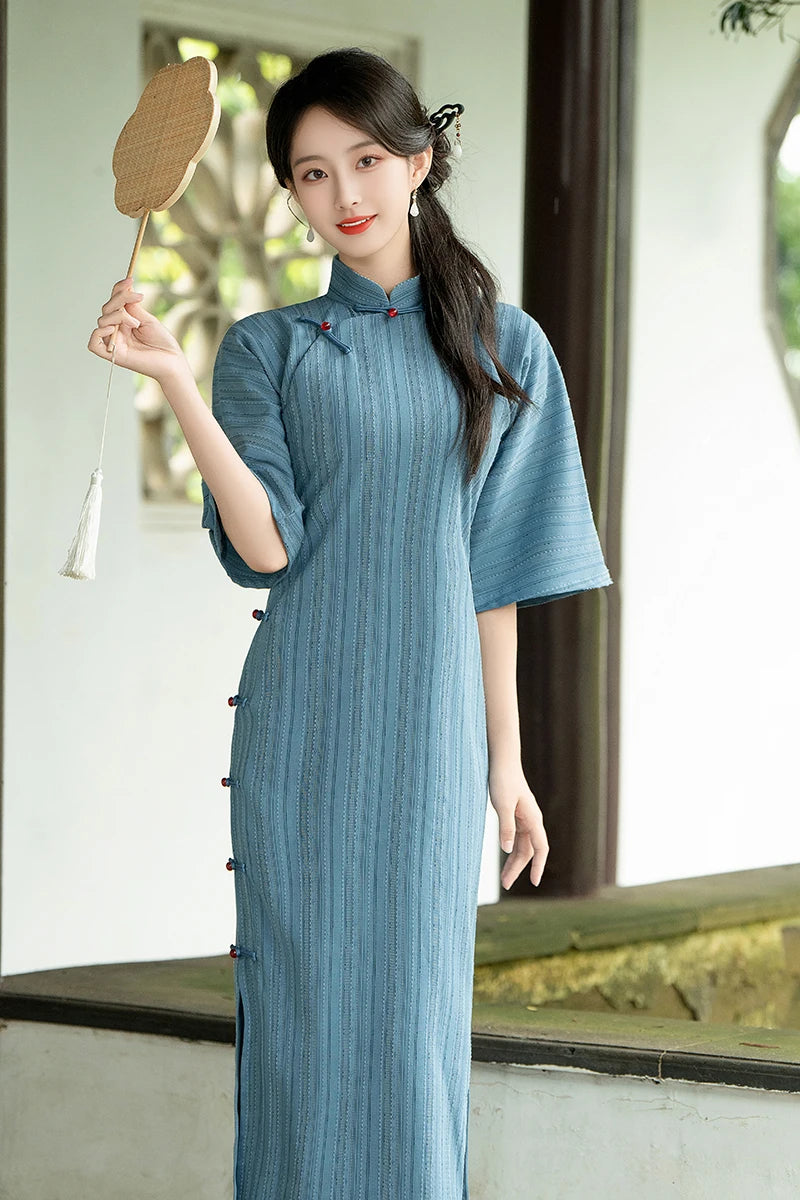 Sexy Red Blue Traditional Dresses Cheongsam Womens Qipao Stripe Stand Collar Robe Orientale Girl Dress Plus Size 23621 - Seprincess