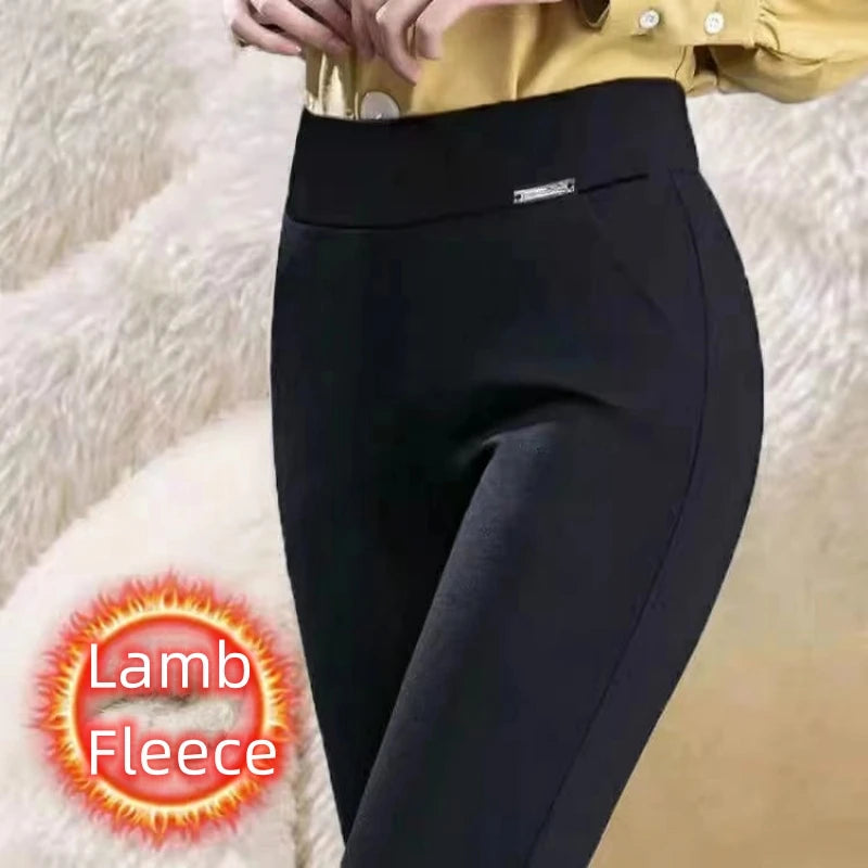 Thin&Thick Fleece Women Autumn Winter Slim Pants Solid Pocket Casual All-Match Pencil Pants Office Lady's Basic Elegant Trousers