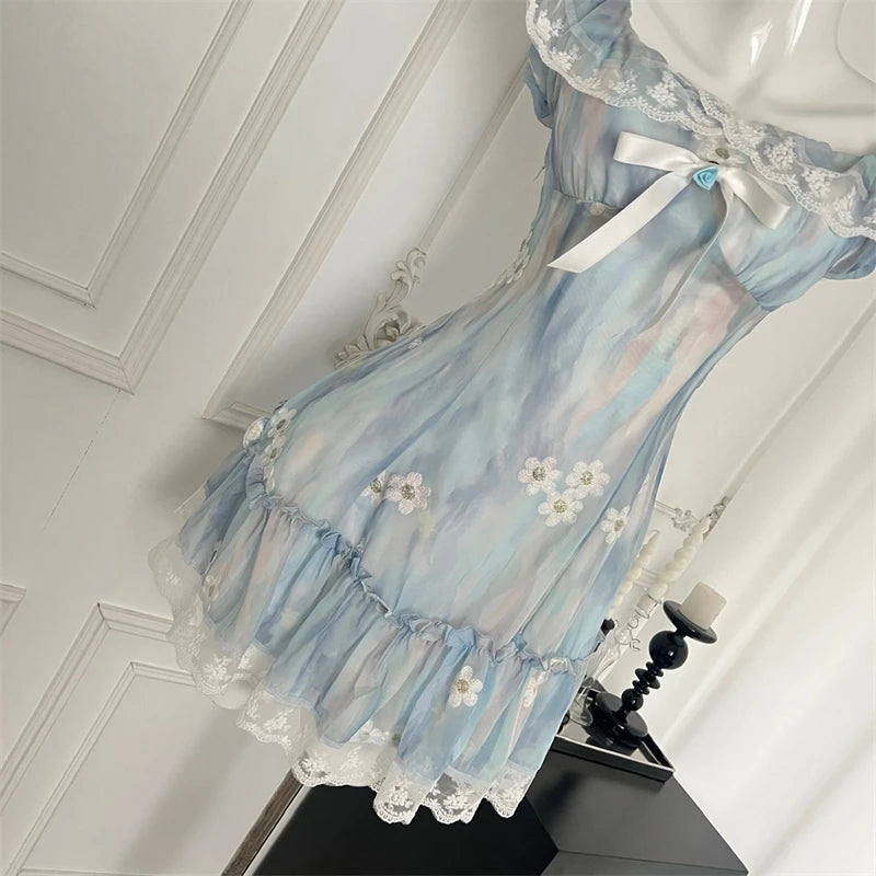 Women Blue A-line Lace Bow Dress Vintage Elegant Sleeveless Kawaii Flower Print Dresses Y2k One Piece Frocks 2000s Clothes 2024 - Seprincess