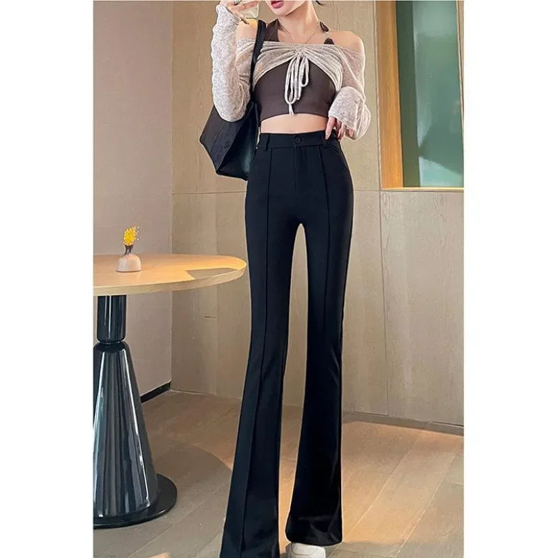 Black High-Waisted Slimming Casual Trousers Women's Summer 2024 New Style Draped Slim Fit Flared Leggings Fashionable Smooth Sil