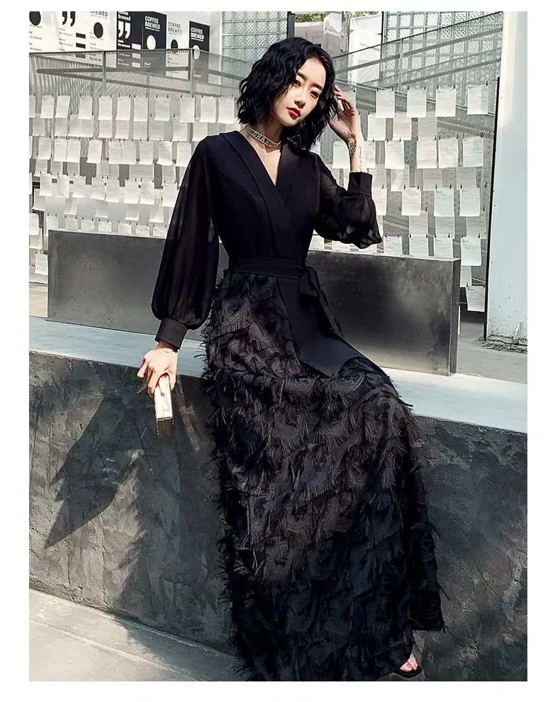 Y2K clothes designer autumn spring black maxi dresses for women traf bow V-neck tassels elegant party evening long dress vestido - Seprincess