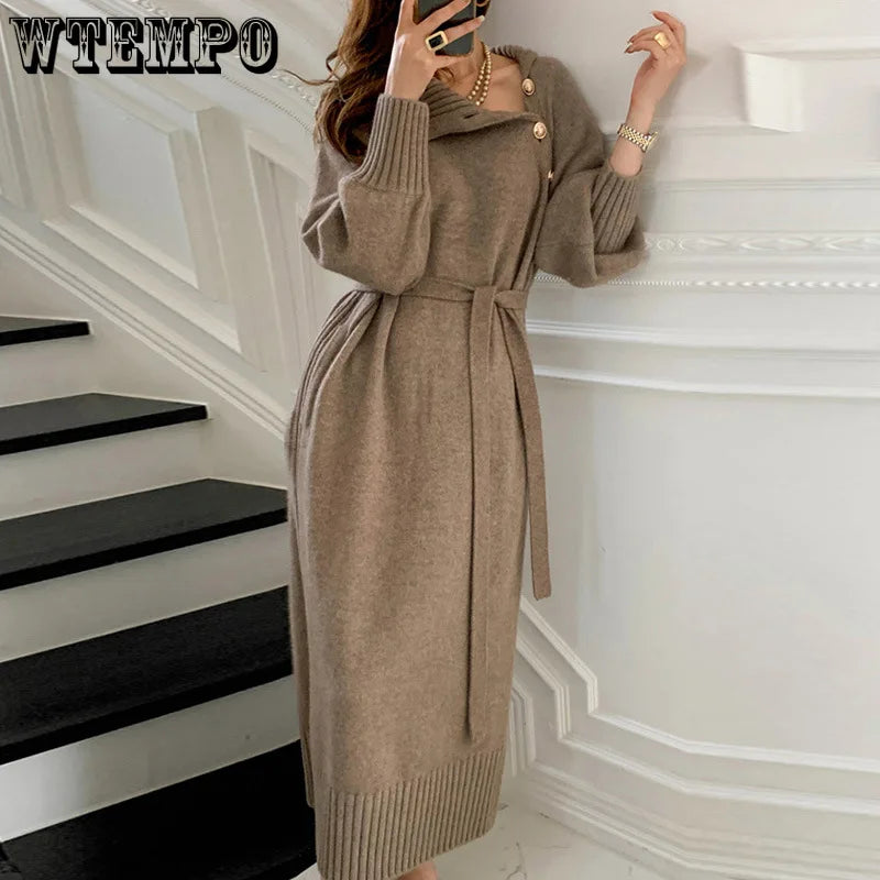 WTEMPO Women's Vintage Long Sleeve Knitwear Loose Buttoned Turtleneck Sweater Dress Autumn Winter Sexy Mid Long Knitted Dresses - Seprincess