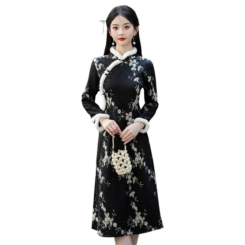 Fashion Chinese Style Traditional Fleece Thick Qipao Dress Winter New Printed Black Cheongsam for Women - Seprincess