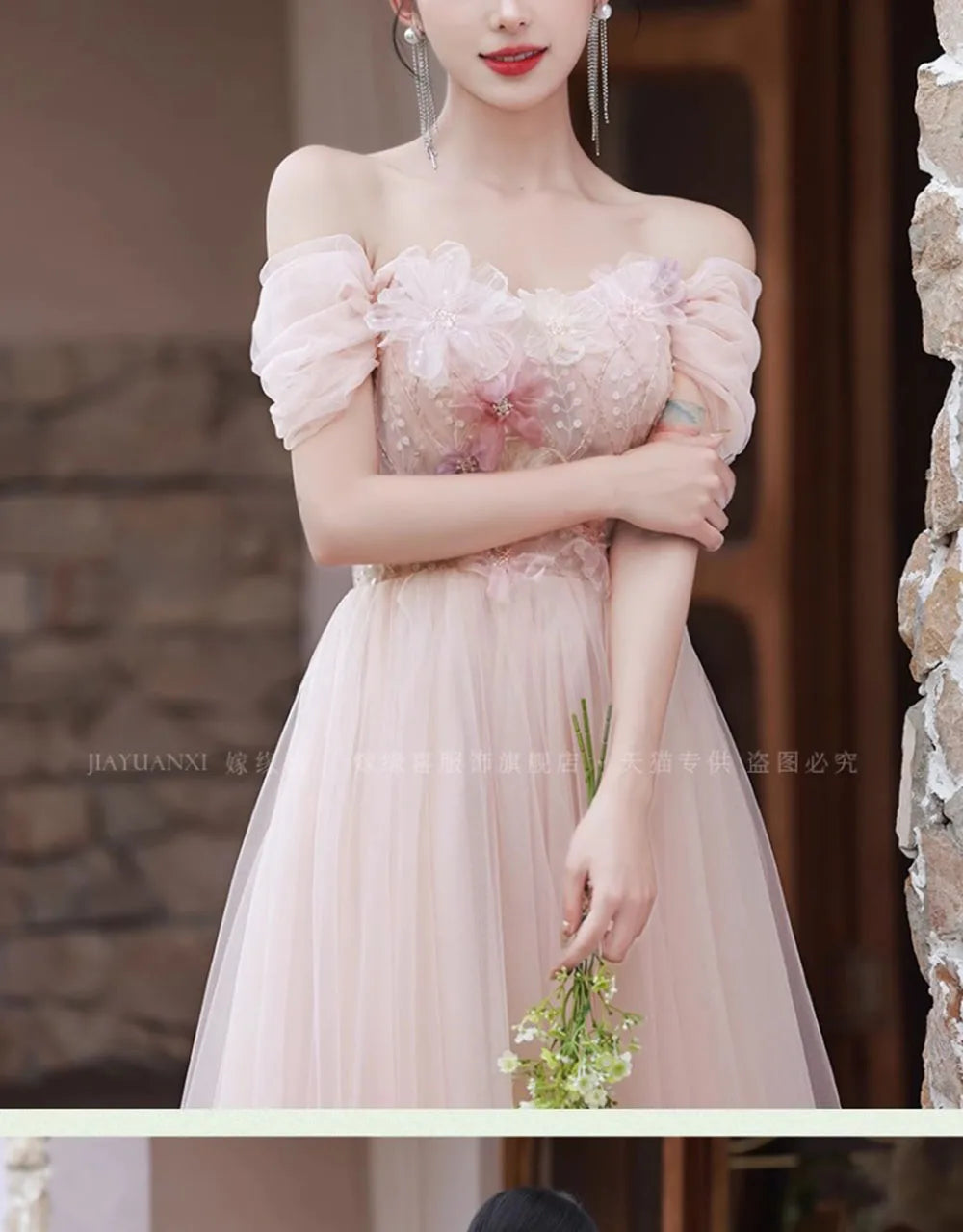 4 Styles Pink Bridesmaid Dress Women's Elegant Thin Tulle Off The Shoulder Flower Appliques A-line Wedding Party Guest Vestido