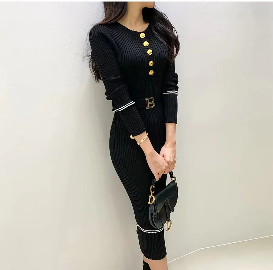 Autumn Winter Women Knitted Dress Brand Fashion O-neck Buttons Bodycon Sweater Dress with Belt Lady Office Dress - Seprincess