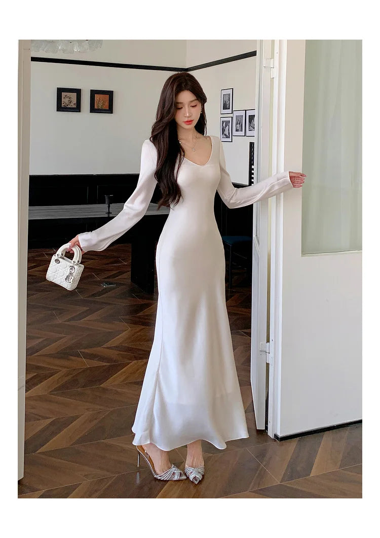 Autumn Solid Satin Long Dresses Women Wedding Evening Party Dress with Camisole Prom Robe V-Neck Long Sleeves Mermaid Vestidos - Seprincess