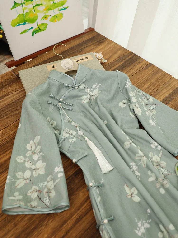 Inverted Sleeves Daily Green Flower Slim Qipao Women's Autumn Improved Modern Vintage Chinese-traditional-dress Cheongsam New - Seprincess