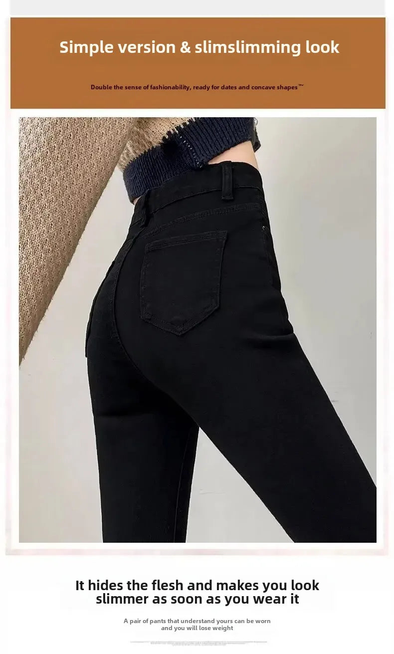 Autumn Winter Fleece-Lined High-Waisted Slimming Jeans For Women Petite Black Versatile Elastic Micro-Flared Cropped Pants