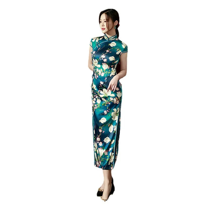 2023 Spring Silk Maxi Long Improved Cheongsam Retro Elegant Performance Chinese Traditional Style Evening Dress Qipao for Women - Seprincess