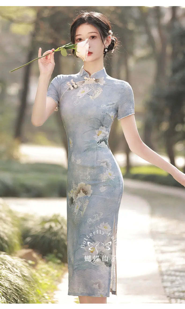 Simple Elegant Slim Qipao Women Vintage Floral Style Cheongsam Traditional Short Sleeve Young Girl Chinese Dress Modern New - Seprincess