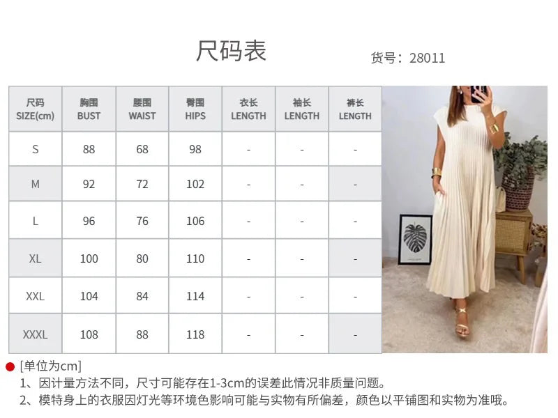 Women's Elegant And Fashionable Round Neck Sleeveless Pleated Long Dress In Solid Color Beige With Pockets, Oversized Long Skirt - Seprincess