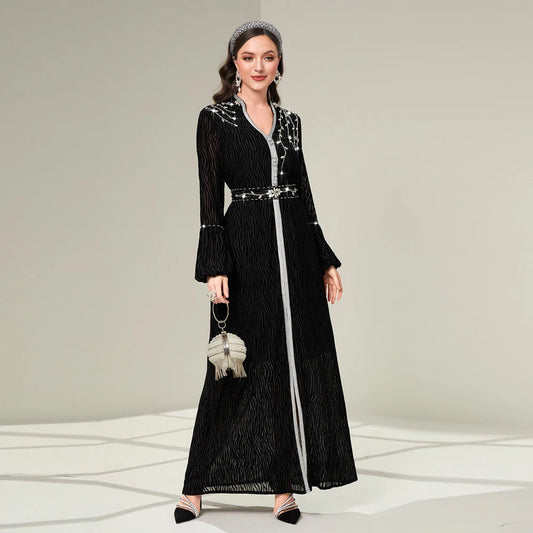 Handstitched Rhinestone Beaded Arabic Robe Vintage Ethnic Moroccan Kaftan Dubai Abaya Dress Ramadan Eid-al-Adha 2024 Party Wears - Seprincess