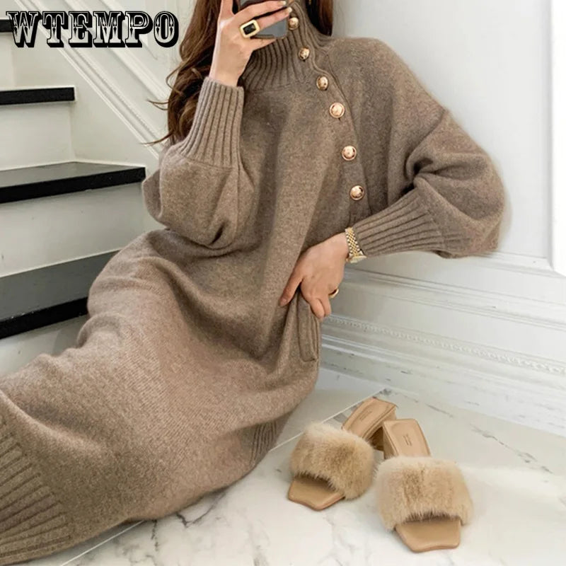 WTEMPO Women's Vintage Long Sleeve Knitwear Loose Buttoned Turtleneck Sweater Dress Autumn Winter Sexy Mid Long Knitted Dresses - Seprincess