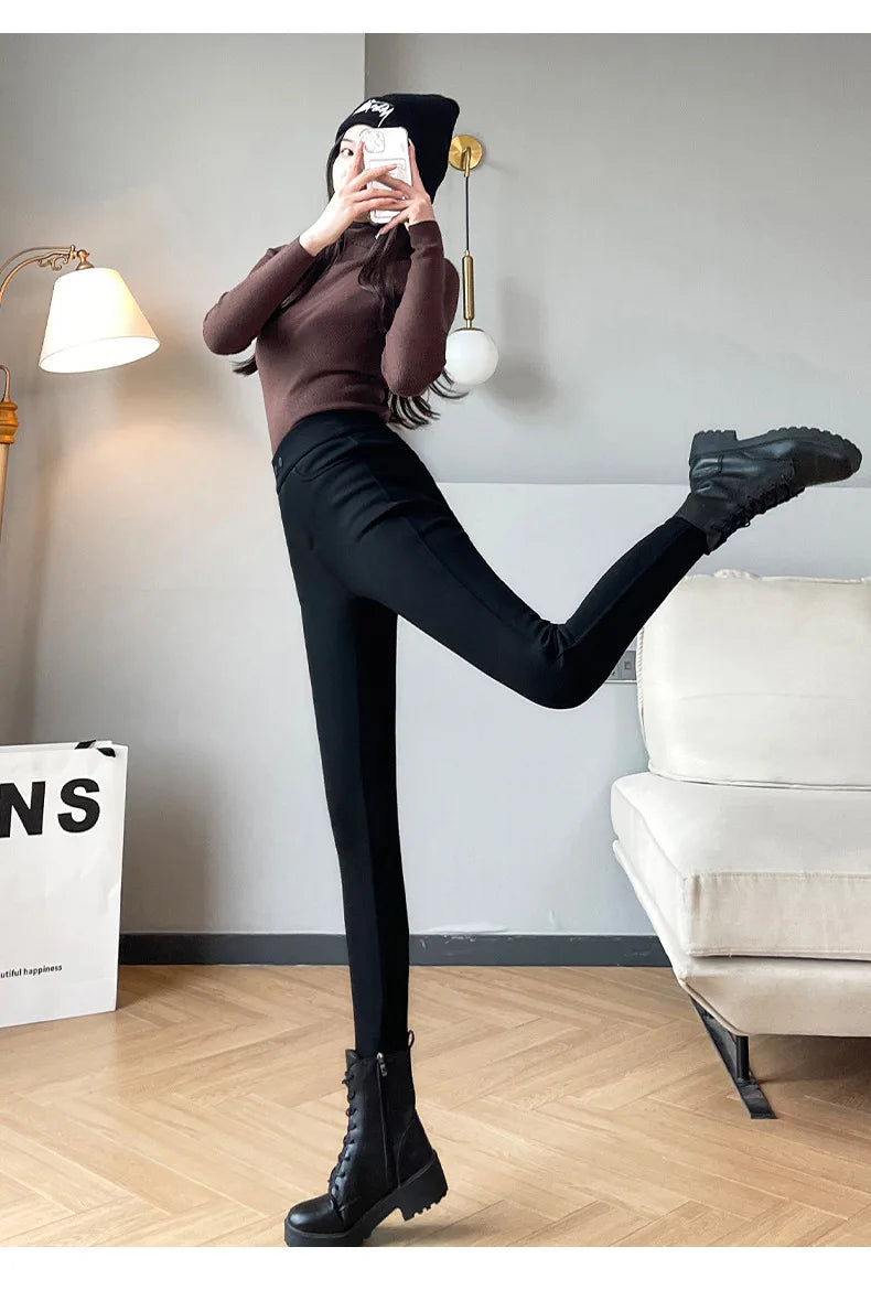 Women’s Winter Pants Thicken Fleece Slim Stretch High Waist Warm Thermal Leggings Pocket Sweatpants Women Velvet Pencil Pants