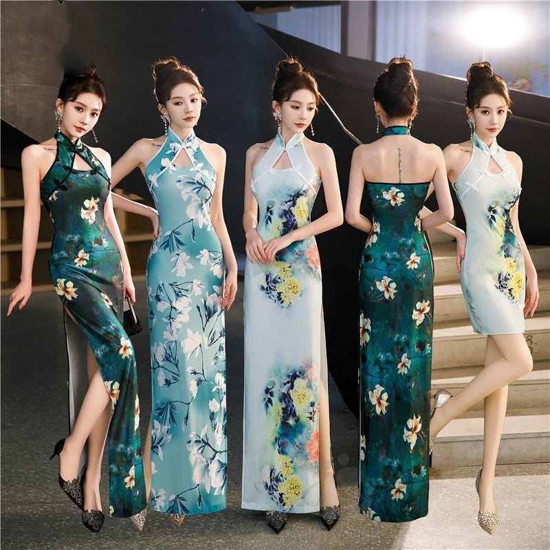 Sexy Halter Cheongsam Lady Split Qipao New Chinese Style Improved Dress Gown Satin Cheongsams Hollow Out Vestidos Bigsize 4Xl5Xl - Seprincess