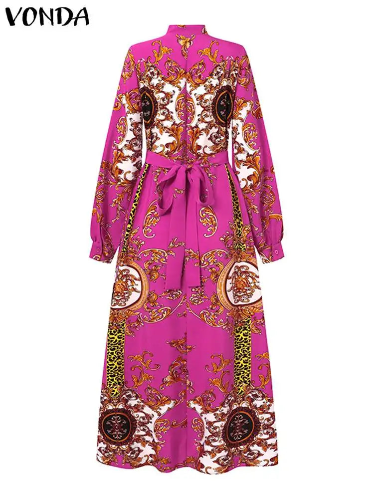 VONDA Maxi Dress 2024 Summer Women Bohemian Printed Party Sundress Long Sleeve Stand Collar Casual Robe Holiday Vestidos Belted - Seprincess