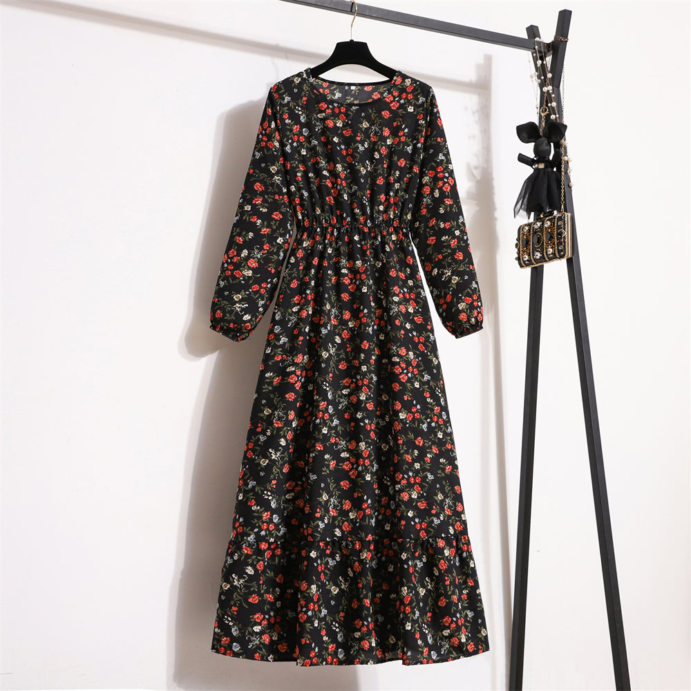 Autumn Spring Chiffon Dresses Fashion Female Full Sleeve Vintage Printed Floral Casual Long Dress Women Maxi Dresses Vestidoes