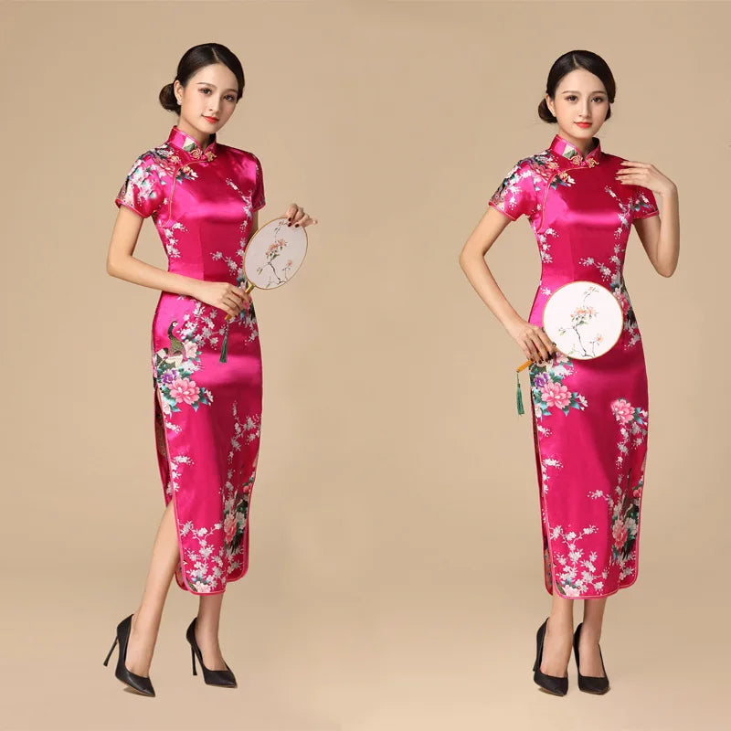 Women Satin Cheongsam Chinese Traditional Mandarin Collar Evening Party Dress Print Peacock Sexy Split Qipao Vestidso - Seprincess