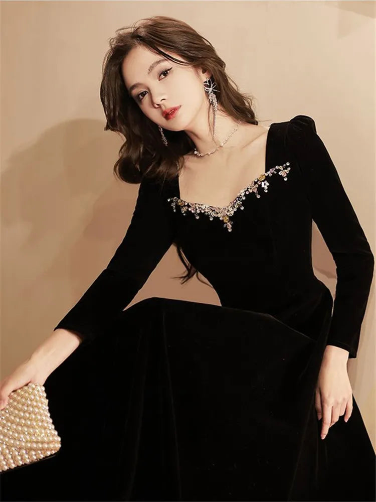 Black Dress Female Autumn Winter Solid Color Diamond Studded Bead Square Collar Long Sleeve A-line Skirt Women's Clothing M024 - Seprincess