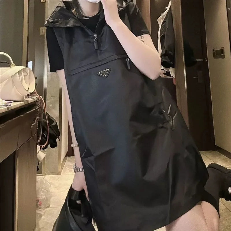 Spring Summer Hooded Waistcoat Dress Women 2024 New Fashion Loose Leisure Sleeveless Dress A Word Skirt Pure Colour 5XL Female - Seprincess