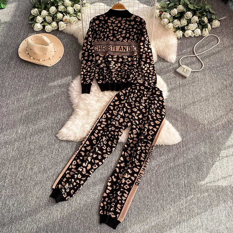 Chic Fashion Korean 2PC Suits Ladies O-Neck leopard-print Knitting Cardigan+High Waist Wide Legs Pants Basic Casual Sets - Seprincess