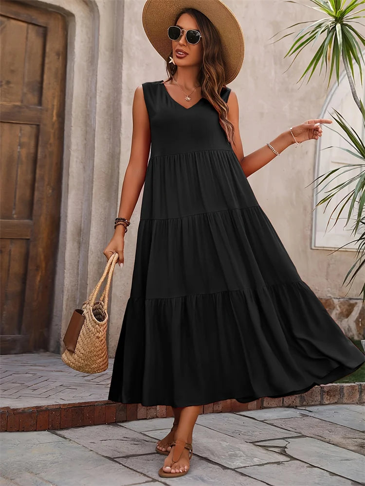 Y.KUKU 2024 Women Dress Summer Casual Brand Vacation Holiday Beach Long Dresses V-neck Loose Elegant Yellow Dress Femme - Seprincess