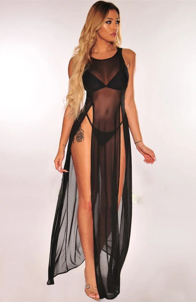 Women Sexy Long Dress Mesh Sheer See Through Bikini Cover Up Beach Sundress Solid Long Dress Sleeveless Strap Dress - Seprincess