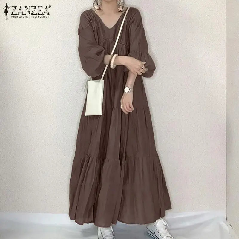 ZANZEA Vintage Ruffle Dress Women's Spring Sundress Casual Puff Sleeve Maxi Vestidos Female V Neck Robe Elegant Long Dresses - Seprincess