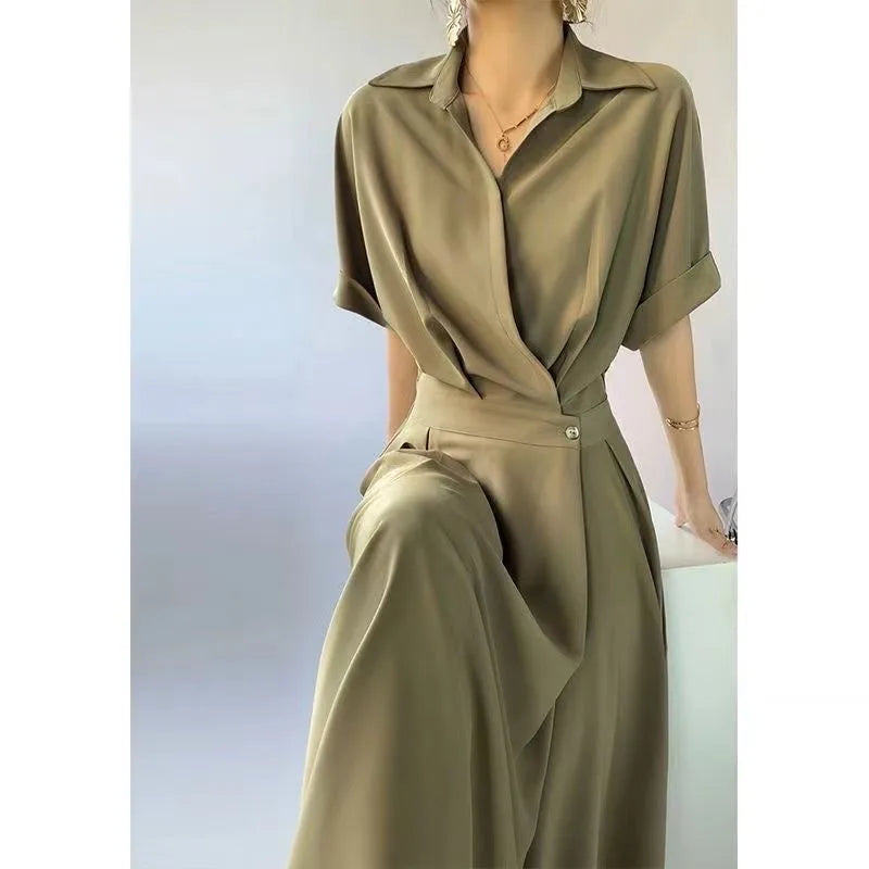 Women Solid Color Long Shirts Dress Summer Turn-down Collar Short Sleeve Party Dress Female Casual Evening Maxi Dresses Vestidos - Seprincess