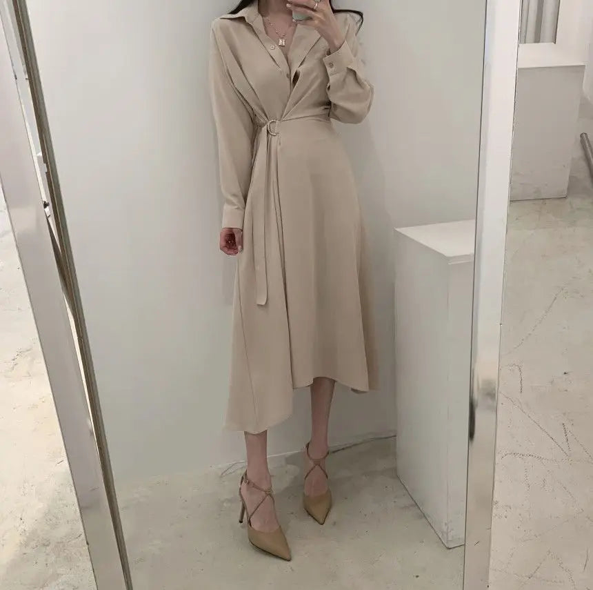 Elegant Spring and Autumn Polo Collar Single Breasted Lace Up Waist Slimming Long Sleeved Shirt Dress for Women - Seprincess