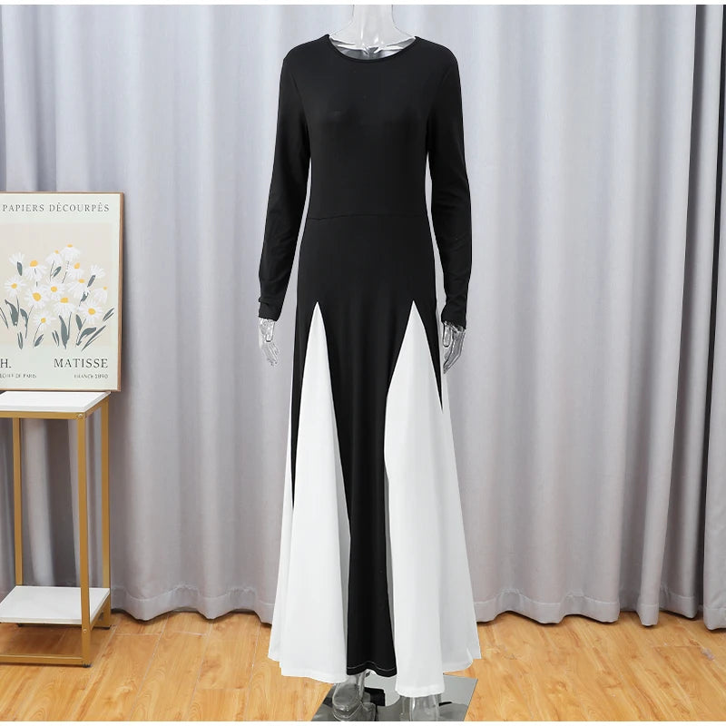 Elegant Black White Patchwork Maxi Dresses Women Fashion O-neck Long Sleeves Slim Dress New Female Evening Party Robes - Seprincess