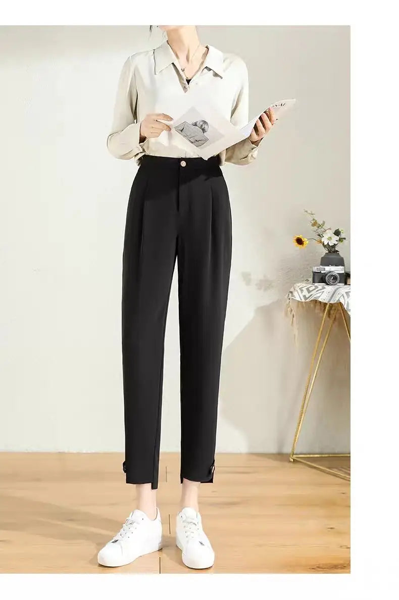 New Black Suit Pants For Women 2023 Spring/summer Straight Barrel Irregular High Waist Casual Cropped Wide Leg Pants