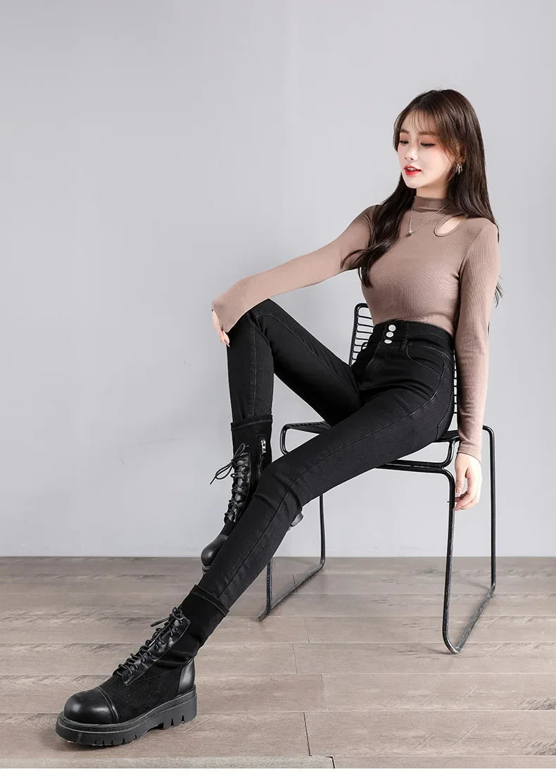 Black High-waisted Slimming Denim Jeans For Women Butt-lifting Tummy-control Features