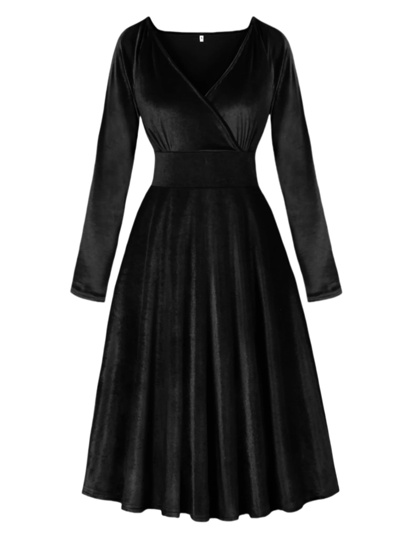 Elegant party solid color black velvet temperament V-neck cinched waist slimming versatile long sleeved dress - Seprincess