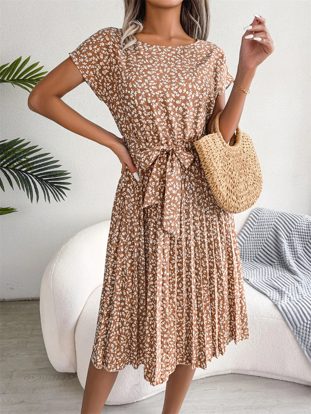 Women Spring Summer Short Sleeve High Waist Chic Dress Fashion Floral Pleated A Line Long Dress - Seprincess