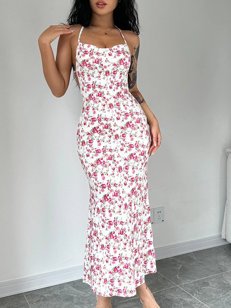 Dulzura Lace Up Halter Floral Long Dress For Women Backless Bodycon Midi Dress Sexy Party Club Outfit Streetwear Sundress Summer - Seprincess