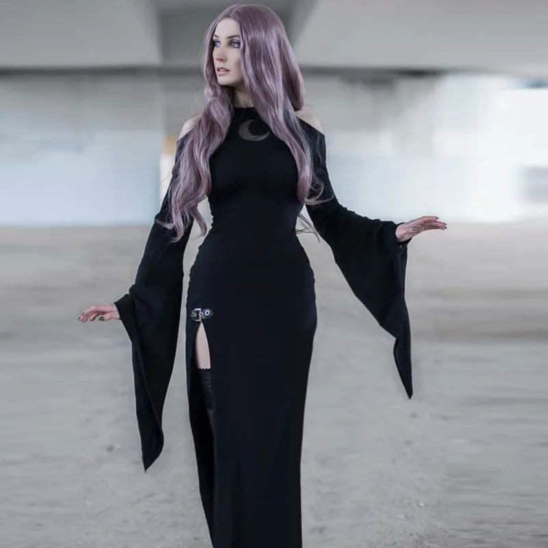 Gothic Dark Witches Clothes Halloween Cosplay Women Witchcraft Moon Dress Trumpet Sleeve Outfits Costumes - Seprincess