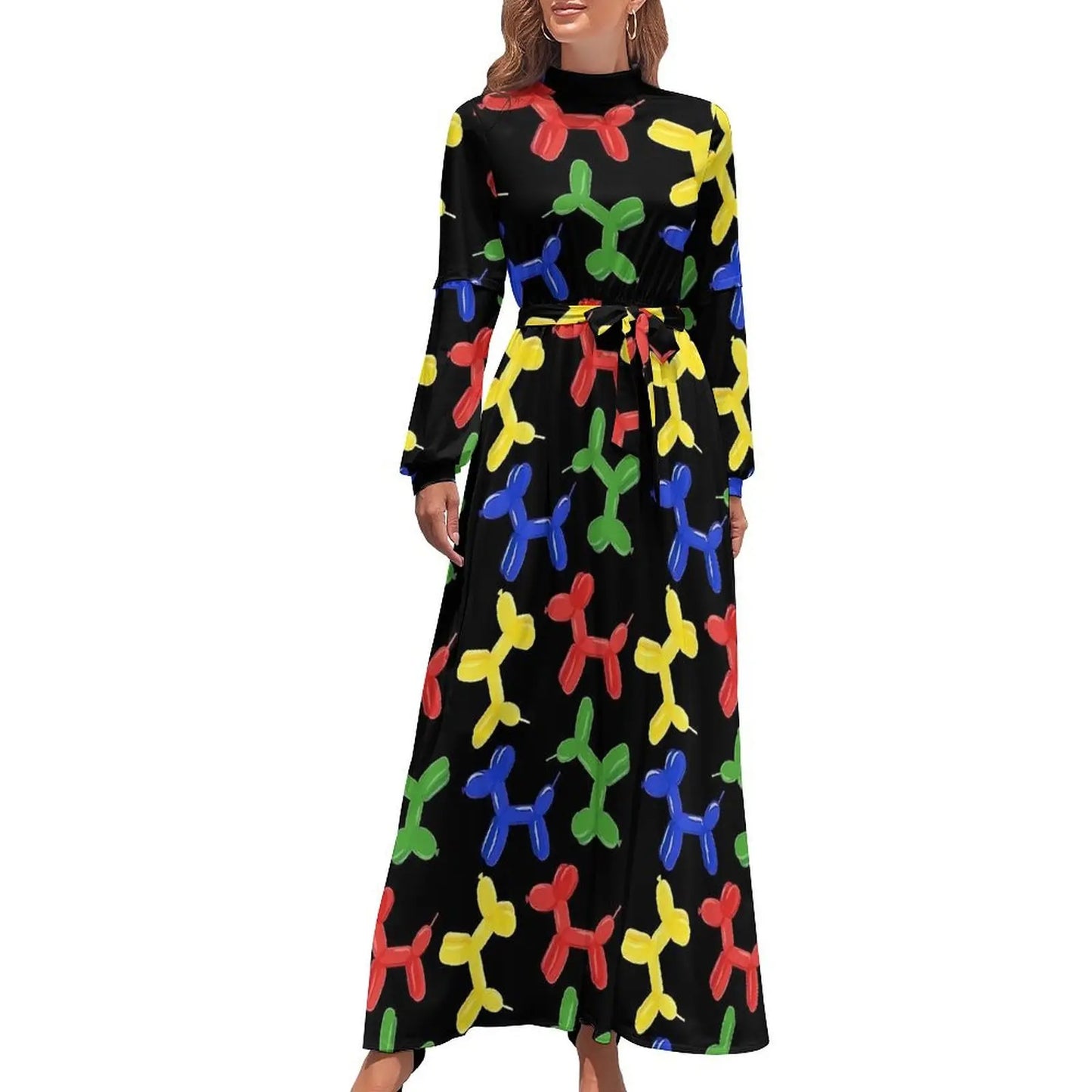 Balloon Dogs Dress Long Sleeve Animal Print Elegant Maxi Dress High Waist Casual Custom Bohemia Long Dresses Gift - Seprincess