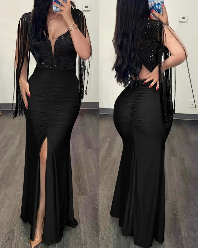 Elegant Evening Party Dresses for Women Rhinestone Cold Shoulder Slit Ruched Party Dress New Fashion 2023 Female Clothing - Seprincess