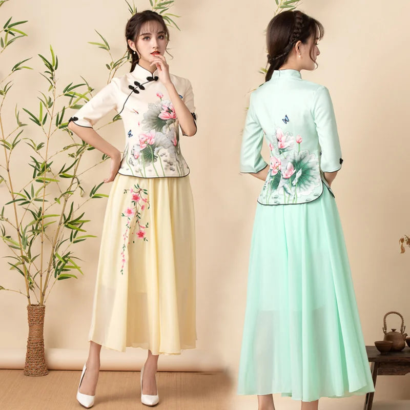 2023 Two Piece Cheongsam Chinese Dress Elegant Vintage Floral Print Modern Cheongsam Women Daily Qipao Dress Traditional Clothes - Seprincess