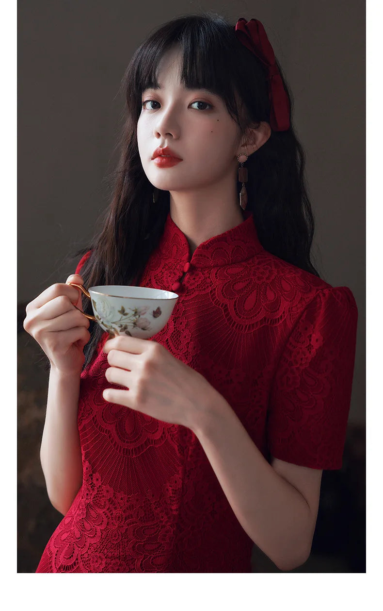 Chinese Style Red Lace Short Sleeve Cheongsam Slim Dress Elegant Traditional Evening Dresses Qipao - Seprincess