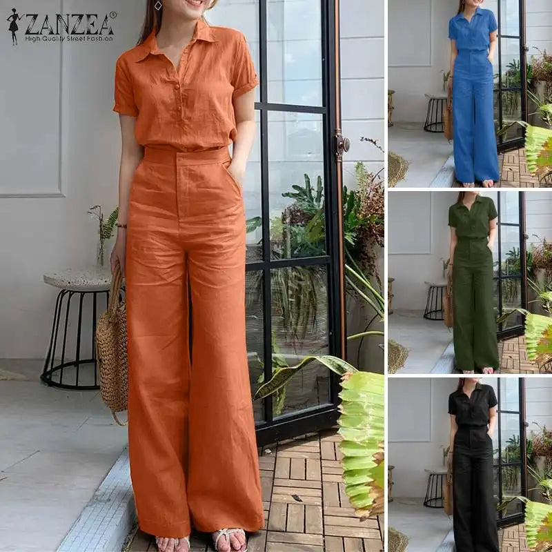 ZANZEA Summer Women Matching Sets OL Work Outfits Causal Short Sleeve Shirt Loose Wide Leg Pants Fashion Suit Urban Tracksuits - Seprincess